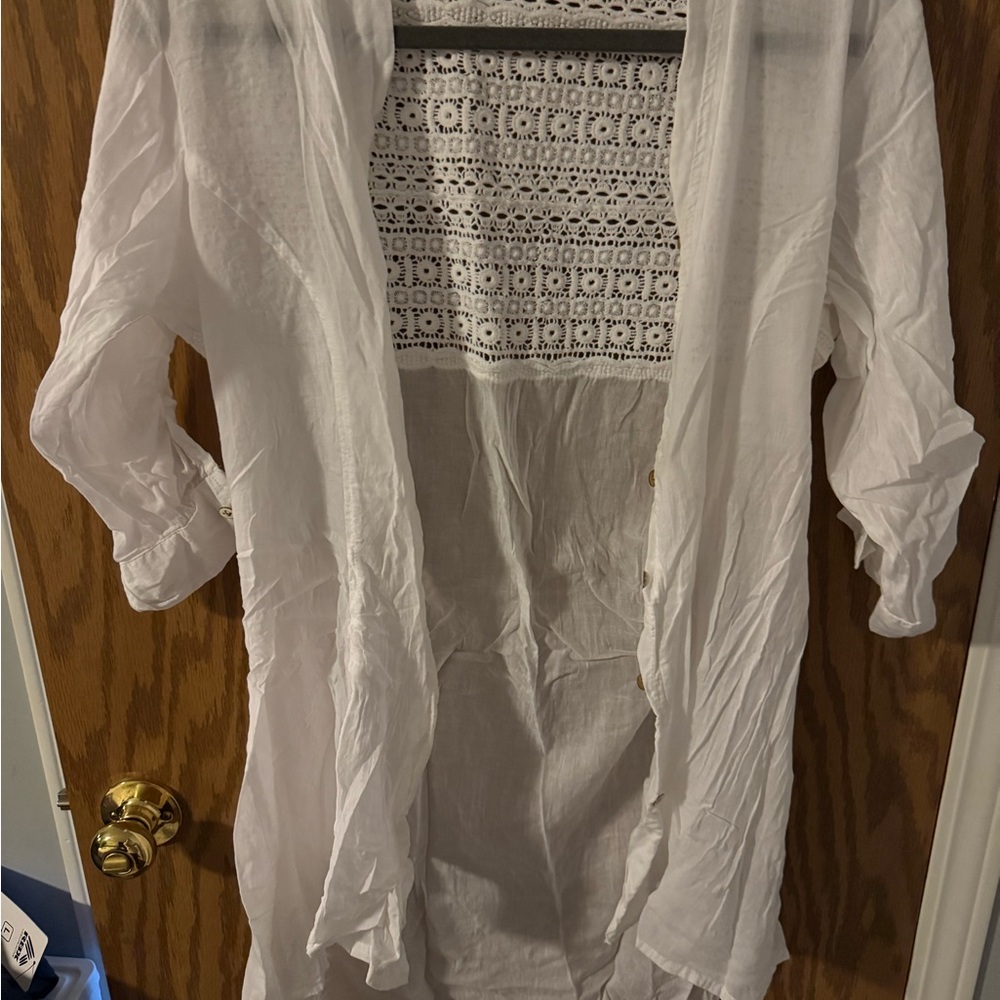White Lightweight Button Up Swimsuit Cover Up, Large